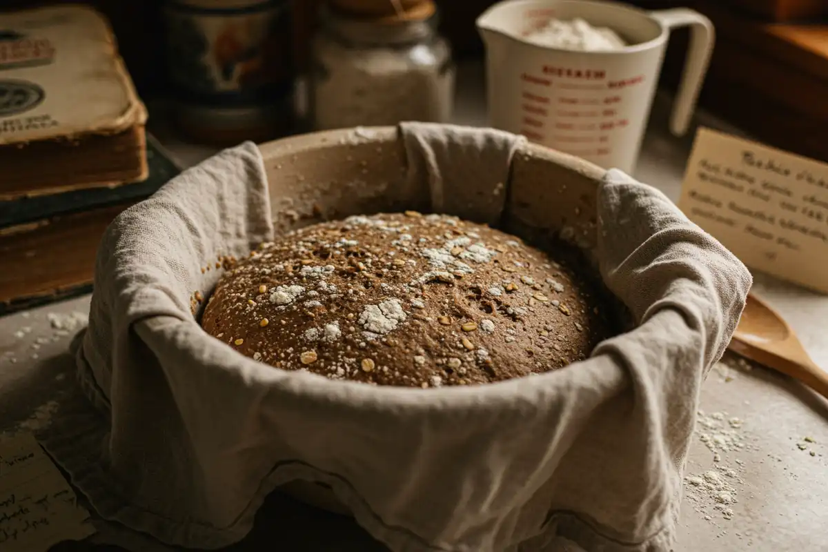 A photo of "Harvest Bread" dough rising in a bowl, surrounded by baking ingredients and an old cookbook.