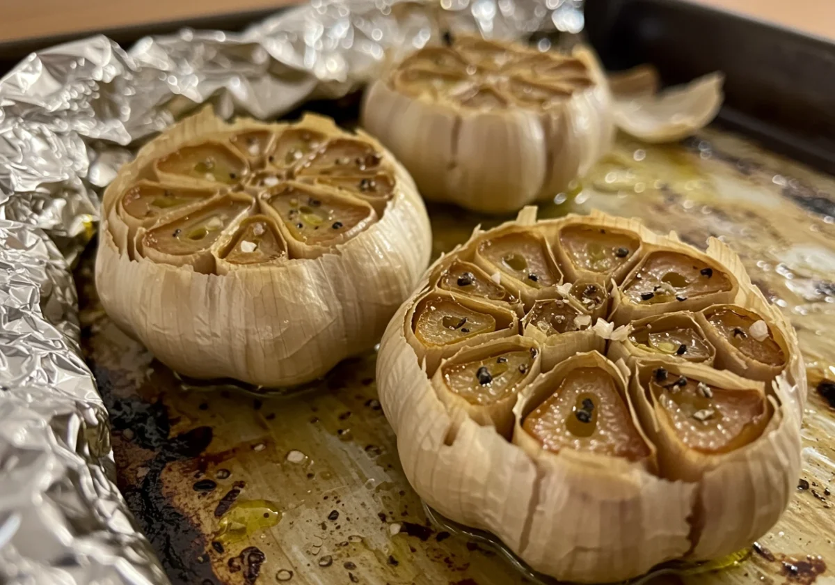 A photo of roasted garlic heads on a baking sheet, prepared for Donkey Sauce Recipe