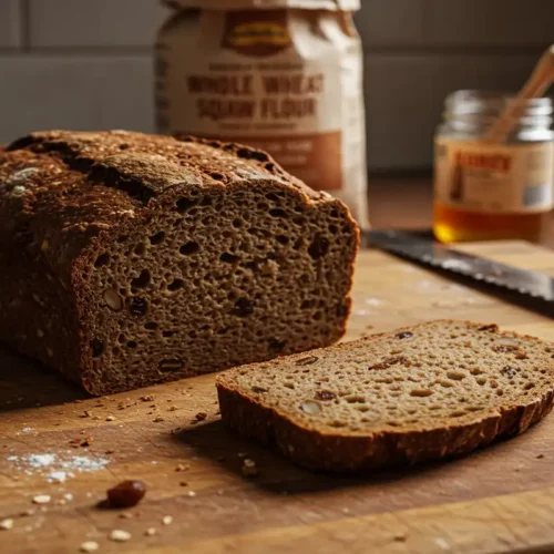 A close-up photo of an imperfect slice of dark, multi-grain "Harvest Bread" on a cutting board, surrounded by ingredients and baking mess.