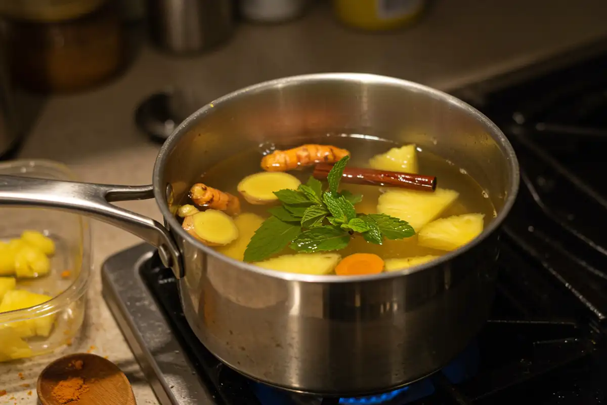 A saucepan of Costa Rican weight loss tea simmering on a cluttered stove with ginger, turmeric, cinnamon, mint, and pineapple.