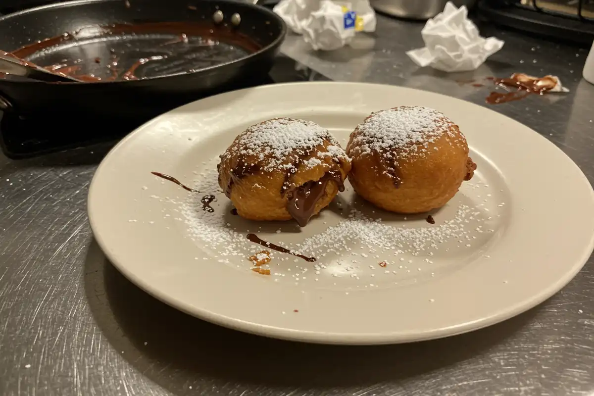 Two deep-fried s'mores dusted with powdered sugar on a chipped plate, surrounded by kitchen clutter.