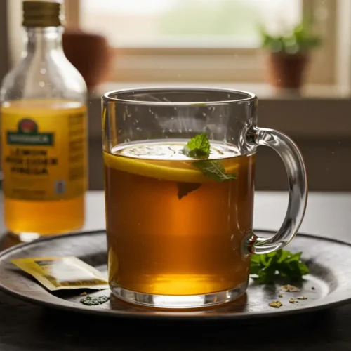 A glass mug of Costa Rican weight loss tea with lemon, mint, and apple cider vinegar on a messy kitchen counter.