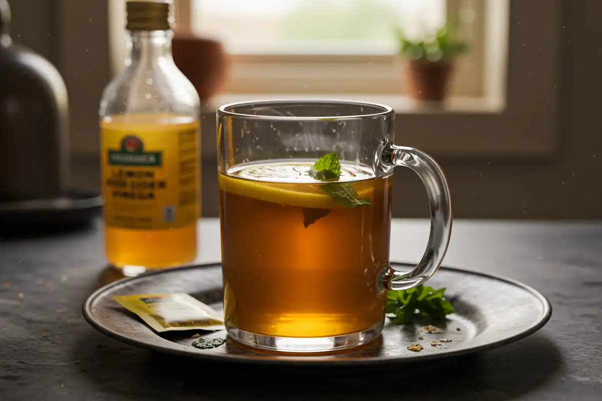 A glass mug of Costa Rican weight loss tea with lemon, mint, and apple cider vinegar on a messy kitchen counter.