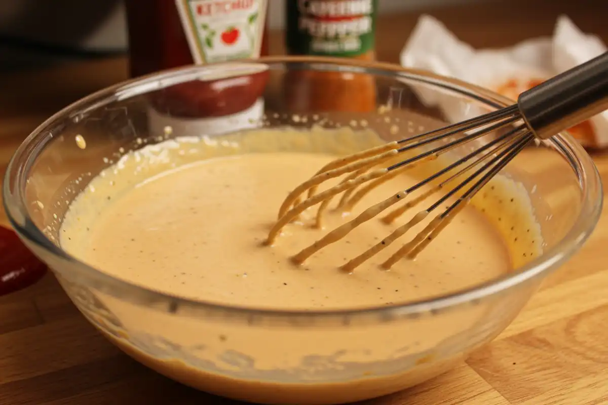 A photo of homemade Zax sauce being whisked in a glass bowl, with ketchup, spice jars, and crumpled parchment paper in the background, in a messy kitchen setting.