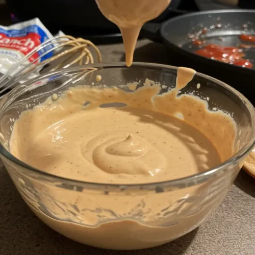 A close-up photo of homemade Zax sauce in a bowl, surrounded by Ranch dressing packet, ketchup skillet, and a wooden spoon, in a lived-in kitchen setting.