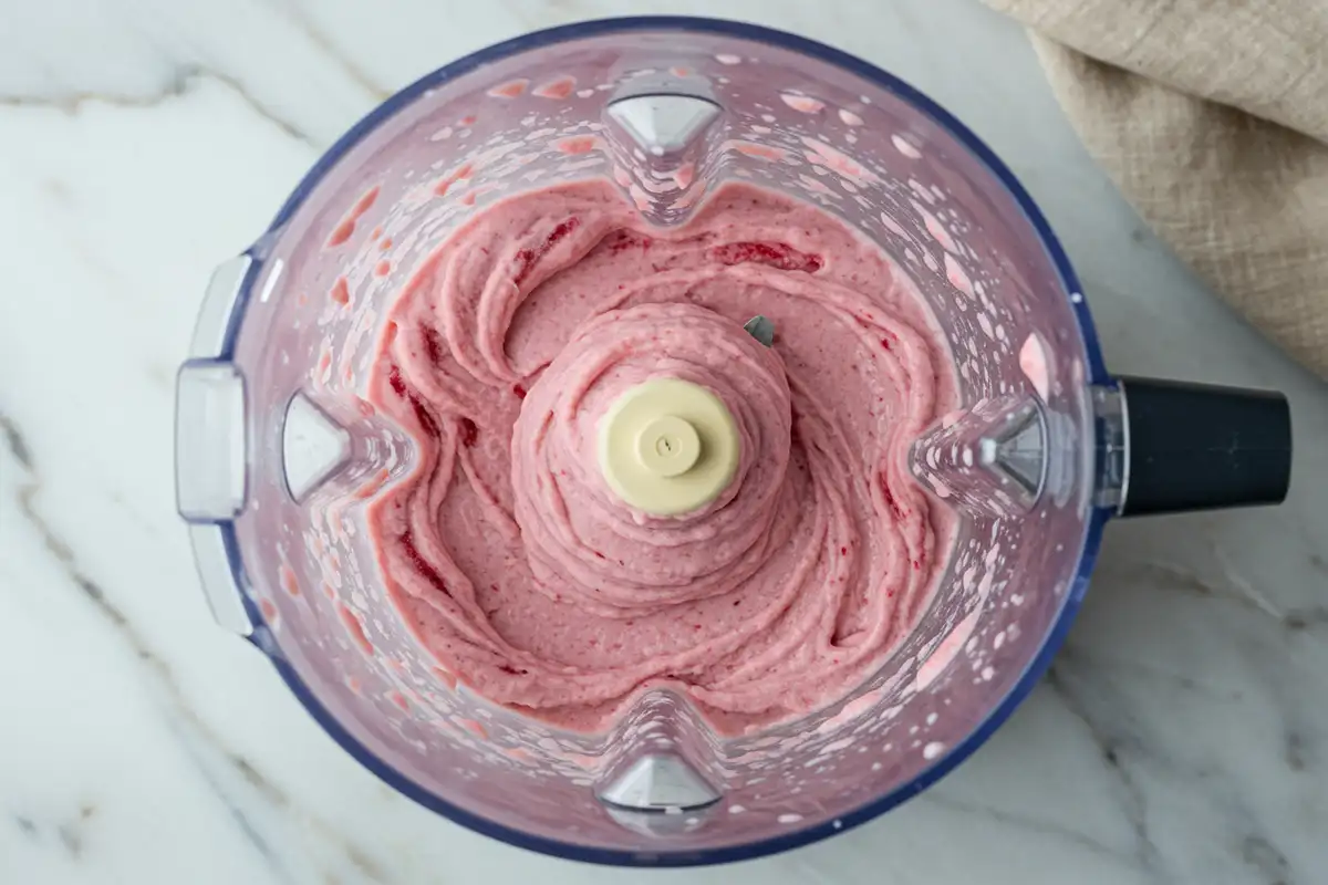Close-up top-down view of Strawberry Banana Nice Cream blending in a food processor, showing the fruit transforming into a smooth, soft-serve texture.