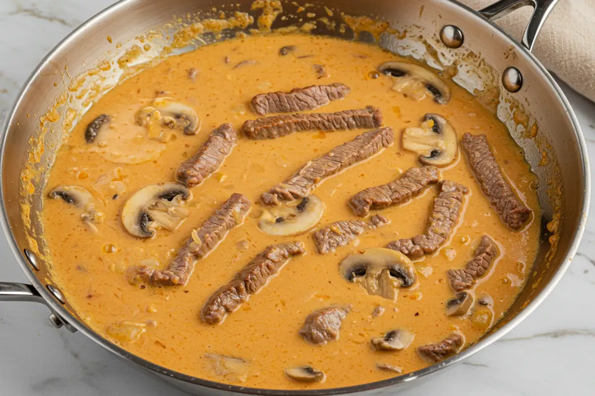 Close-up top-down view of Brazilian Beef Stroganoff simmering in a large skillet, showing the creamy sauce coating thinly sliced beef and mushrooms.