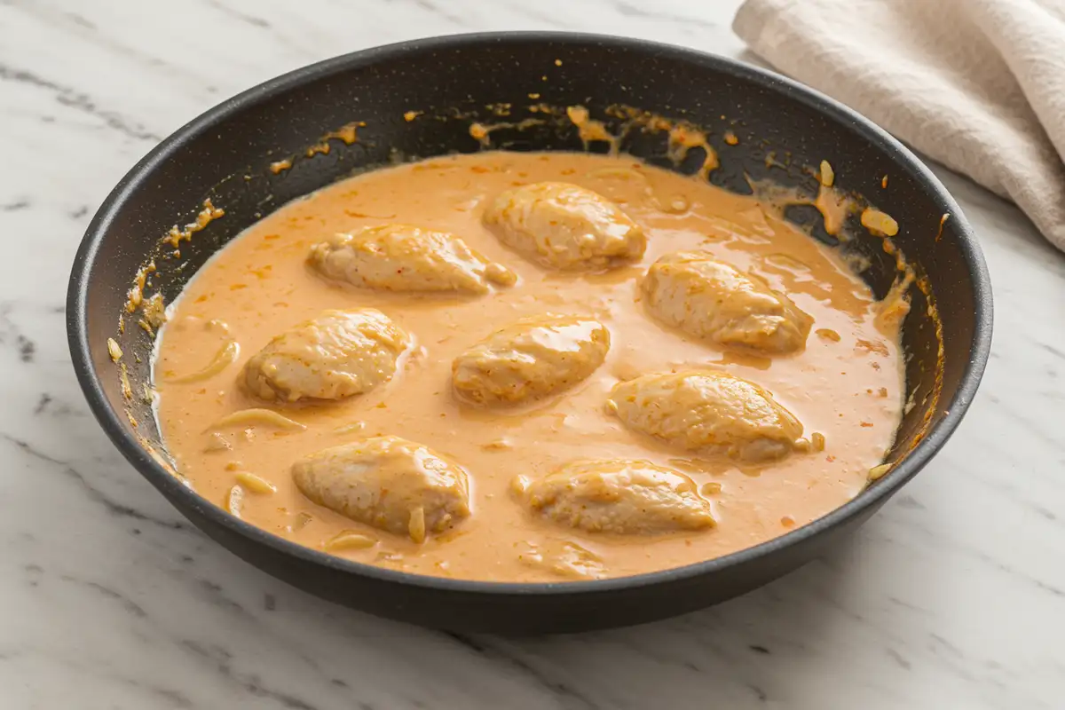 Close-up top-down view of Brazilian Chicken Stroganoff simmering in a skillet with subtle wear, showing chicken coated in creamy pinkish-orange sauce with a natural, home-cooked feel.