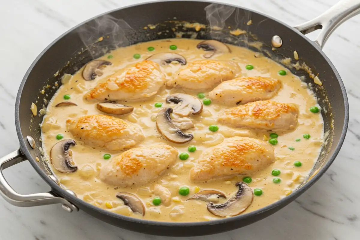 Close-up top-down view of Brazilian Chicken Stroganoff simmering in a large skillet, showing the creamy sauce bubbling around chicken and mushrooms.