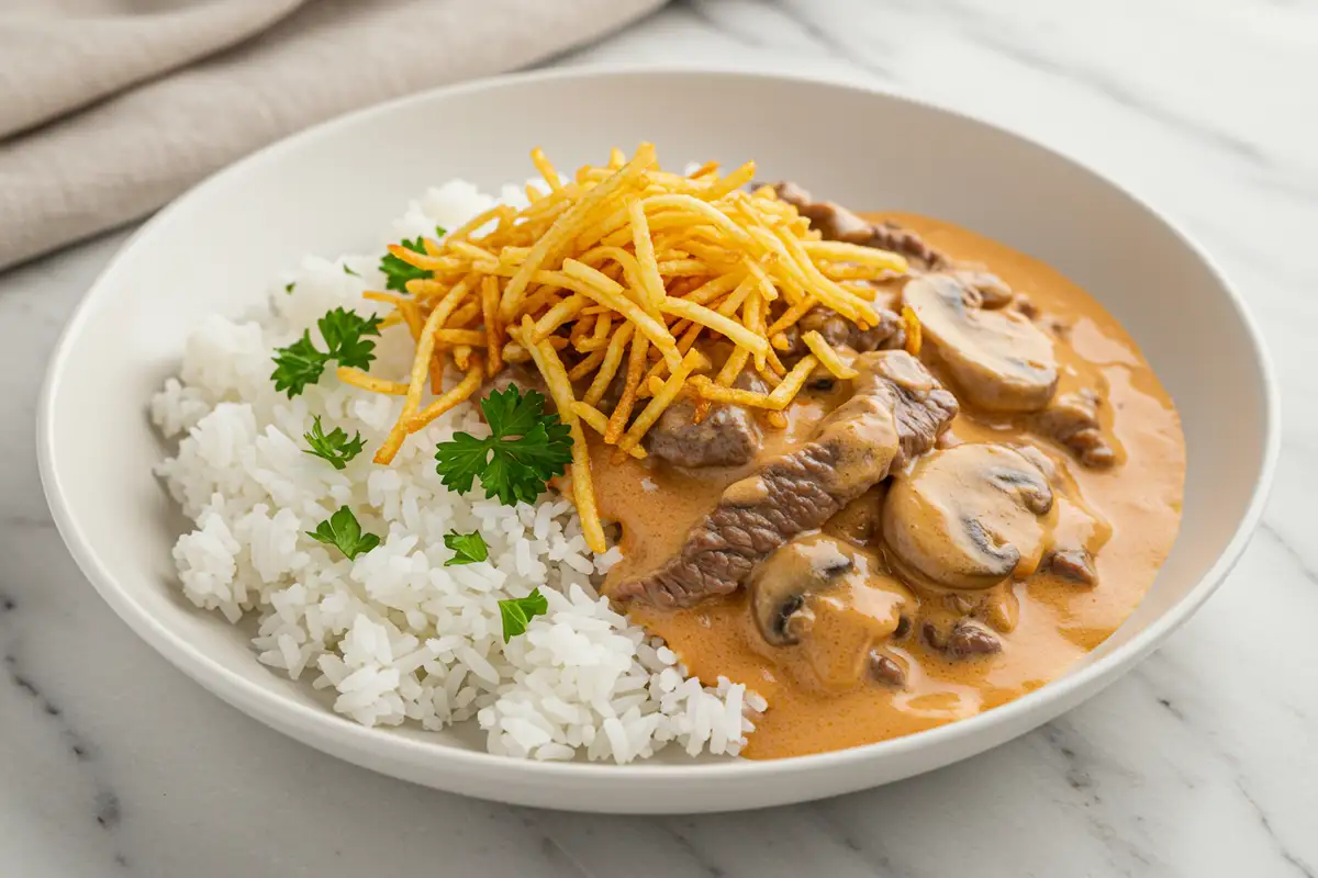 Close-up top-down view of the finished Brazilian Beef Stroganoff in a white bowl over rice, garnished with Batata Palha (shoestring potato sticks) and fresh parsley.