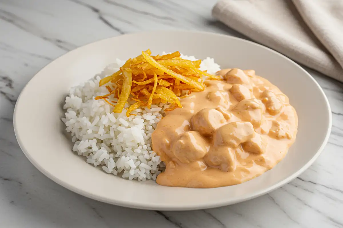 Close-up top-down view of the finished Brazilian Chicken Stroganoff served over white rice on a white plate with subtle wear, garnished generously with crispy potato sticks (batata palha), looking natural and home-prepared.