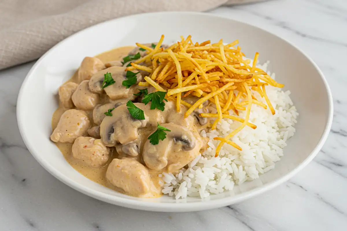 Close-up top-down view of the finished Brazilian Chicken Stroganoff served over white rice in a bowl, garnished with shoestring potatoes and fresh parsley.