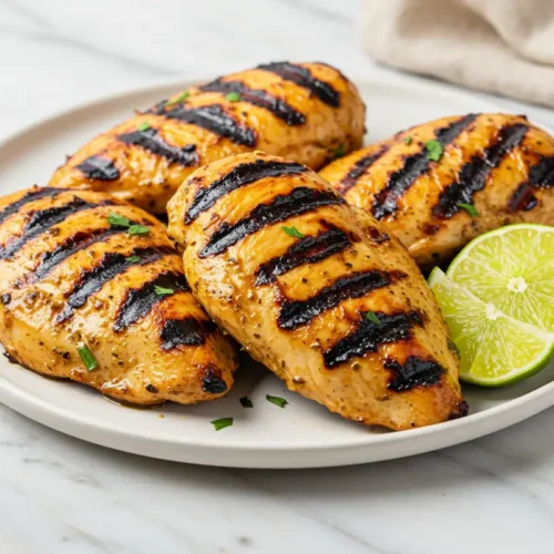 Close-up top-down view of the finished grilled Brazilian marinated chicken on a white plate, showing distinct char marks.