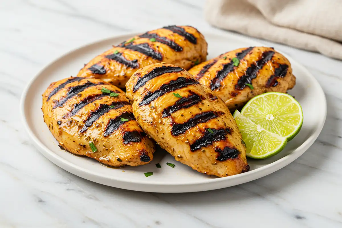Close-up top-down view of the finished grilled Brazilian marinated chicken on a white plate, showing distinct char marks.