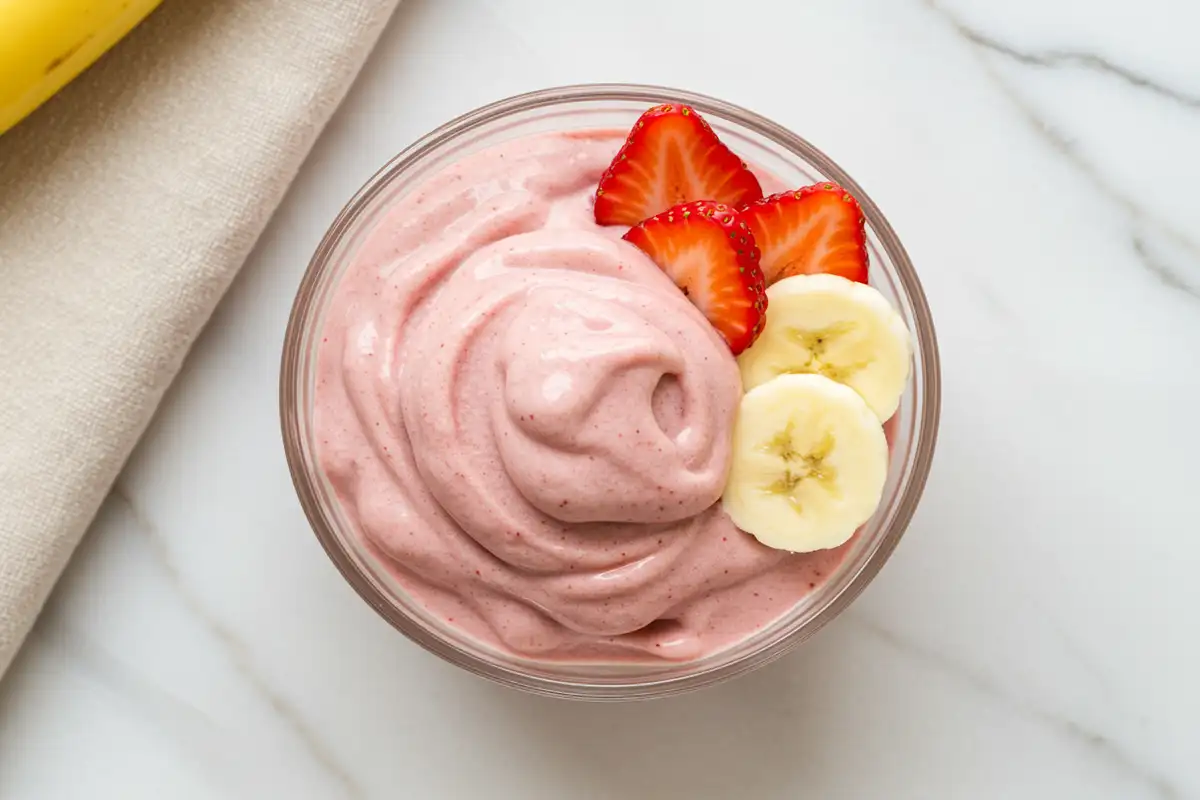 Close-up top-down view of the finished Strawberry Banana Nice Cream in a glass bowl, garnished with fresh strawberry and banana slices.
