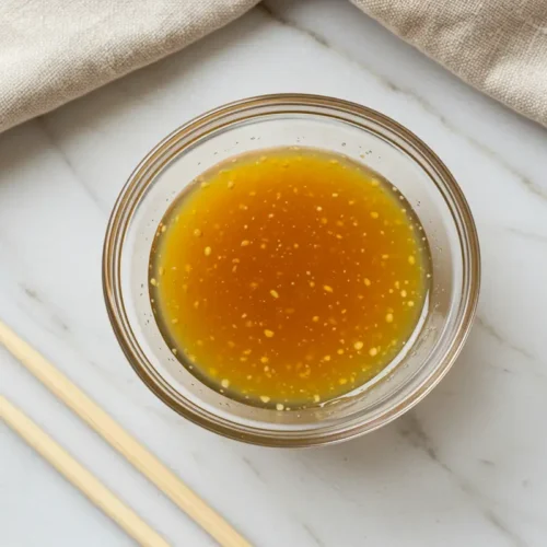 Close-up top-down view of the finished Yuzu Sauce in a small glass bowl with subtle wear, showing its smooth brownish-yellow texture, looking natural and home-prepared on a marble surface.