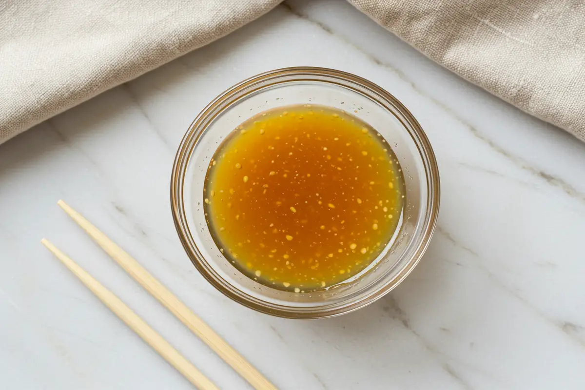 Close-up top-down view of the finished Yuzu Sauce in a small glass bowl with subtle wear, showing its smooth brownish-yellow texture, looking natural and home-prepared on a marble surface.