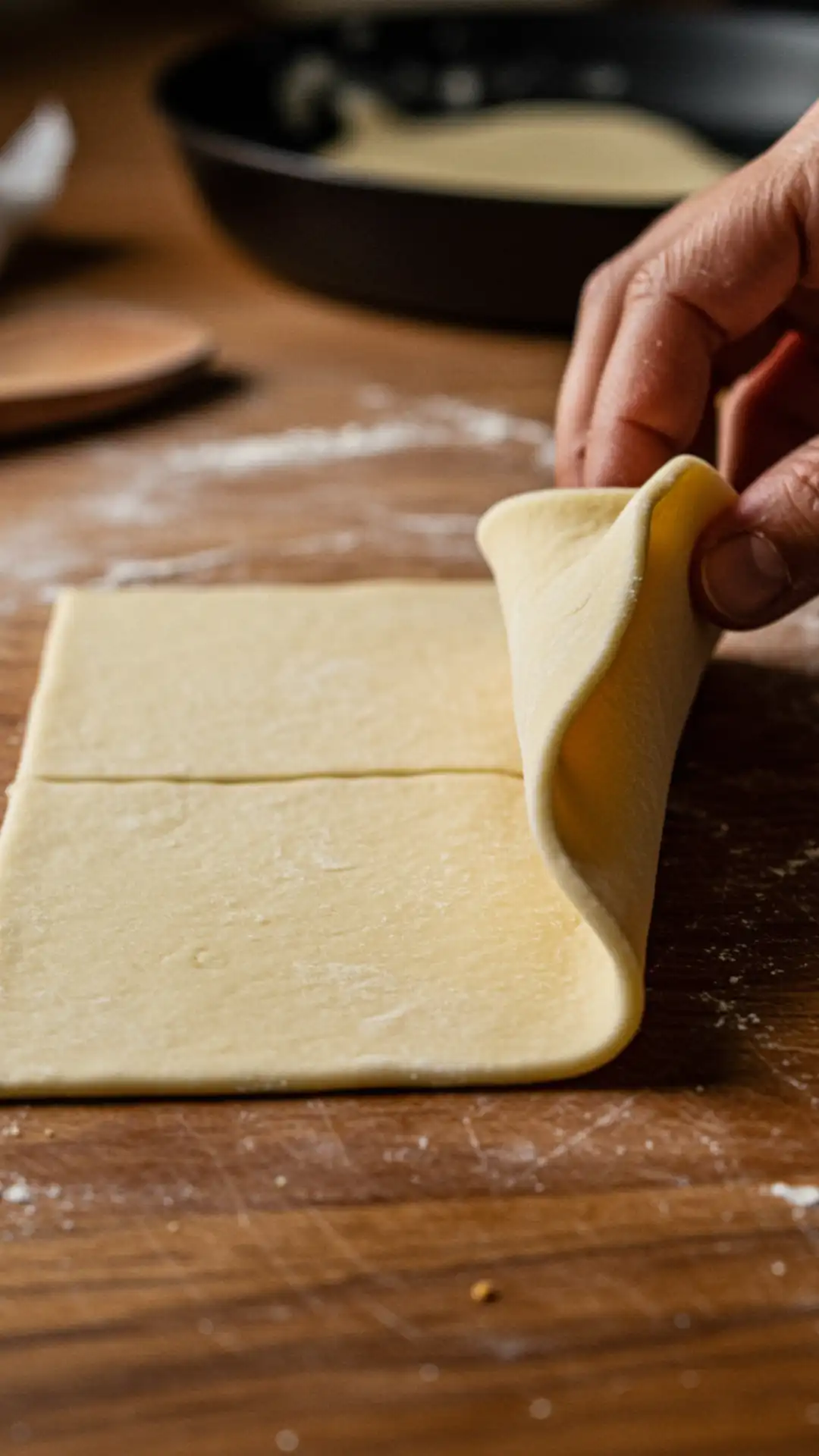 Roughly shaped block of cold butter between parchment paper on a messy, flour-dusted wooden counter.