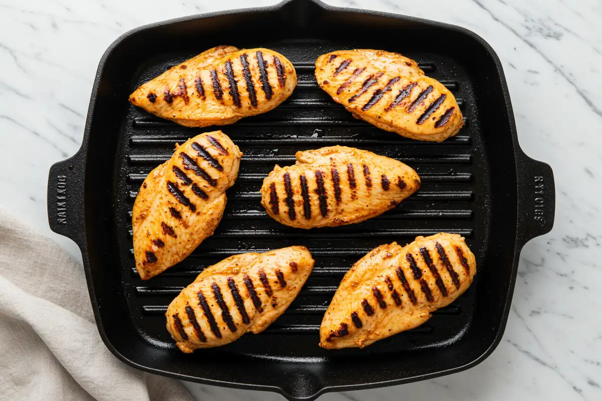 Top-down close-up of chipotle marinated chicken breasts grilling with char marks for a dense bean salad.