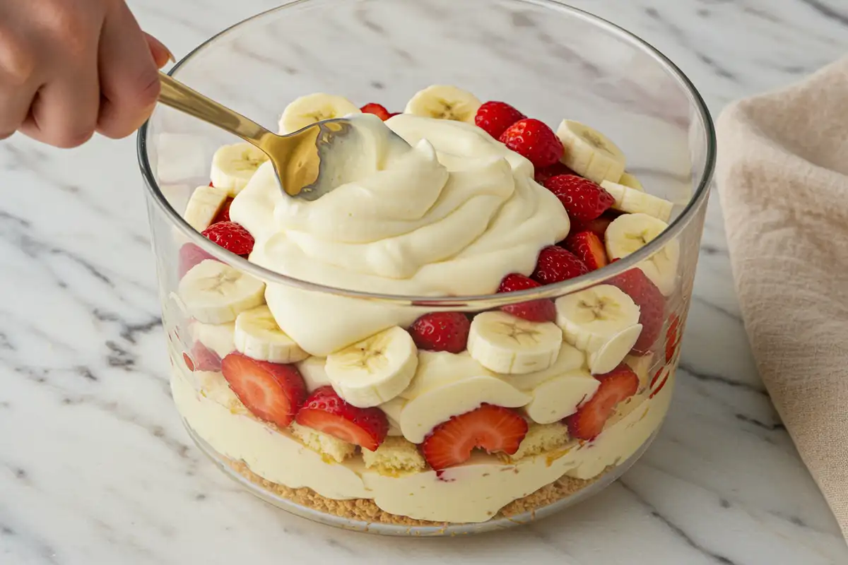 Close-up top-down view of Strawberry Shortcake Banana Pudding being layered in a glass trifle bowl, showing creamy pudding and fruit layers.