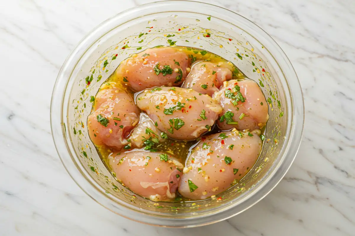 Close-up top-down view of raw chicken pieces marinating in Brazilian Chicken Marinade in a bowl, showing herbs and spices coating the chicken.
