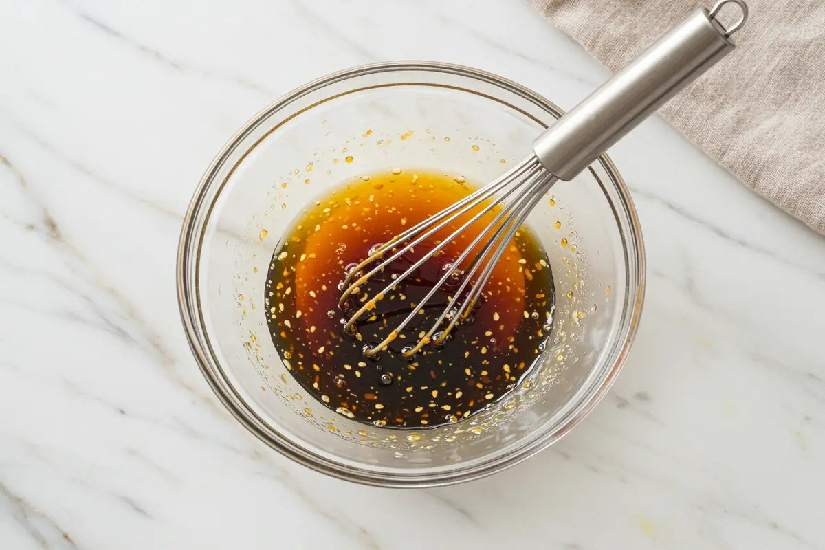 Close-up top-down view of Yuzu Sauce being whisked in a small glass bowl with subtle wear, showing yuzu juice and soy sauce blending, with a natural, home-cooked feel.