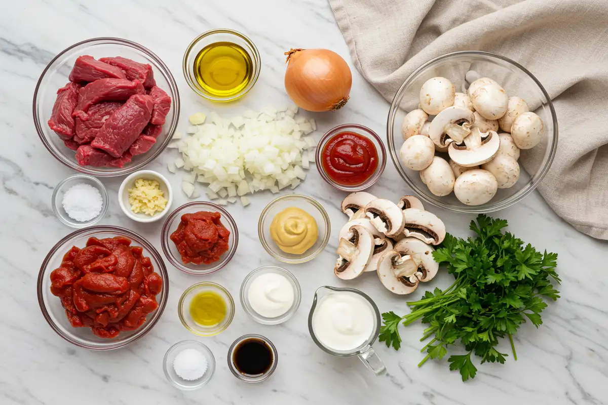 Close-up top-down view of prepped Brazilian Beef Stroganoff ingredients: thinly sliced beef, sliced cremini mushrooms, heavy cream, arranged on a light marble surface.