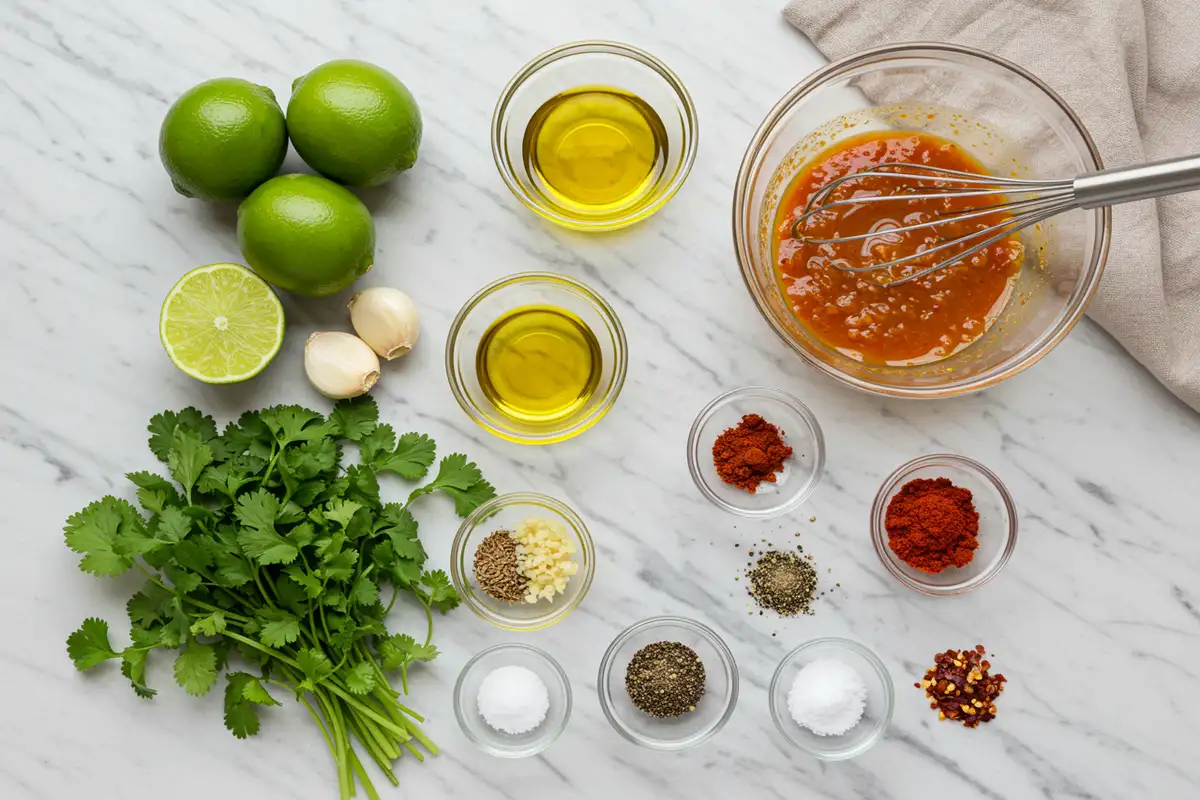 Close-up top-down view of prepped Brazilian Chicken Marinade ingredients: fresh lime juice, cilantro, garlic, spices, arranged on a light marble surface.