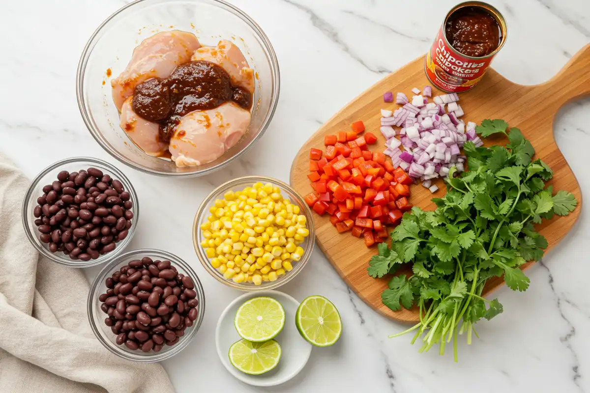 Top-down view of ingredients for chipotle chicken dense bean salad: marinating chicken, beans, corn, peppers, onion, cilantro.