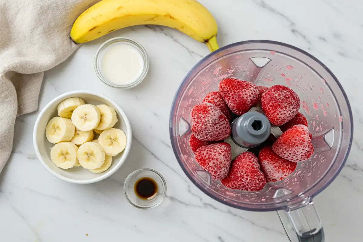 Close-up top-down view of prepped Strawberry Banana Nice Cream ingredients: frozen banana slices, frozen strawberries, arranged on a light marble surface near a blender base.