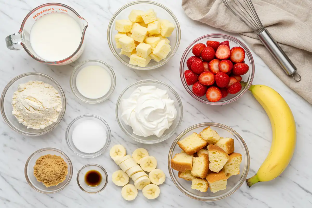 Close-up top-down view of prepped Strawberry Shortcake Banana Pudding ingredients: sliced strawberries, sliced bananas, cubed pound cake, arranged on a light marble surface.