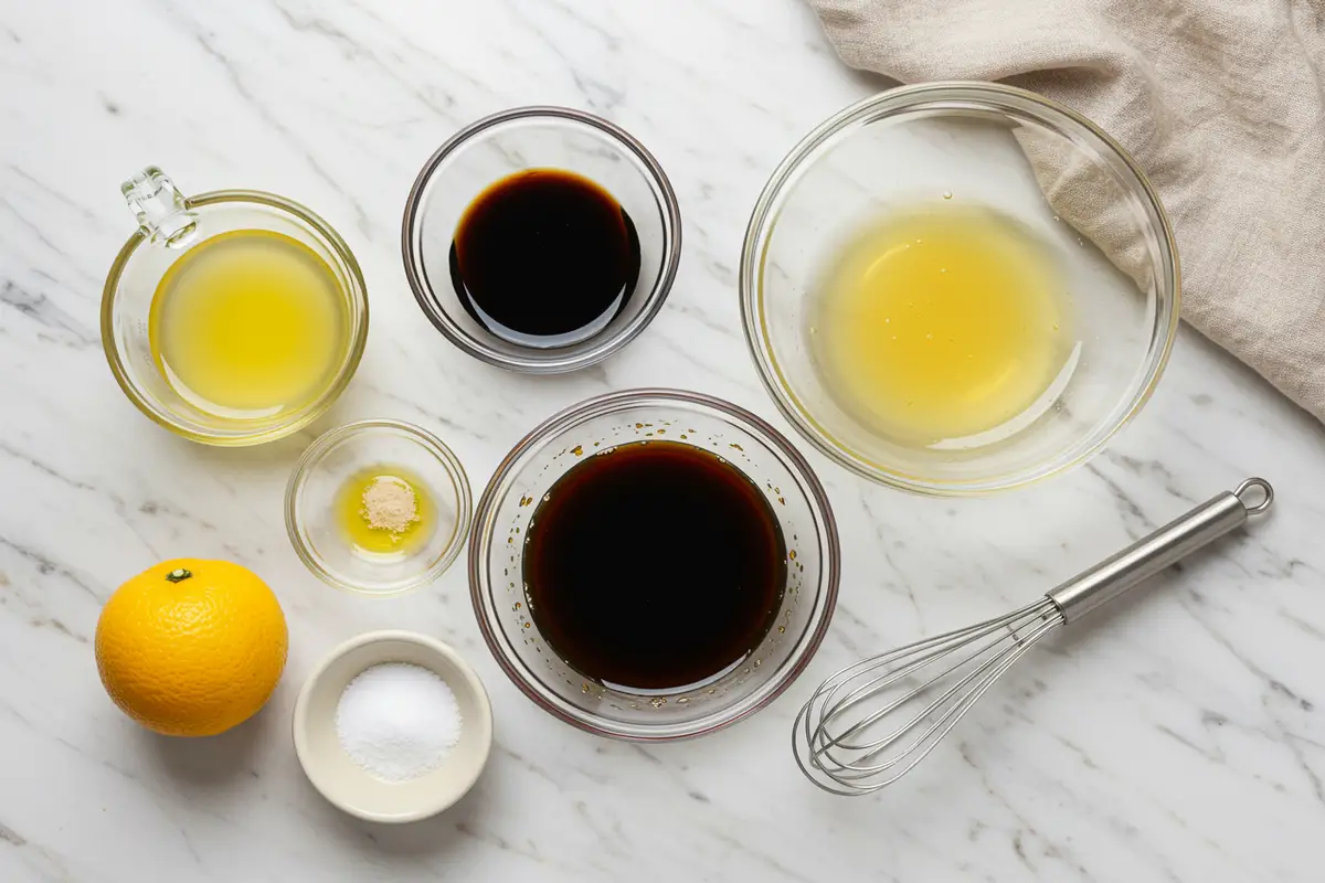 Close-up top-down view of prepped Yuzu Sauce ingredients: bottled yuzu juice, soy sauce, and mirin in small bowls on a light marble surface with subtle wear, looking natural and home-prepared.