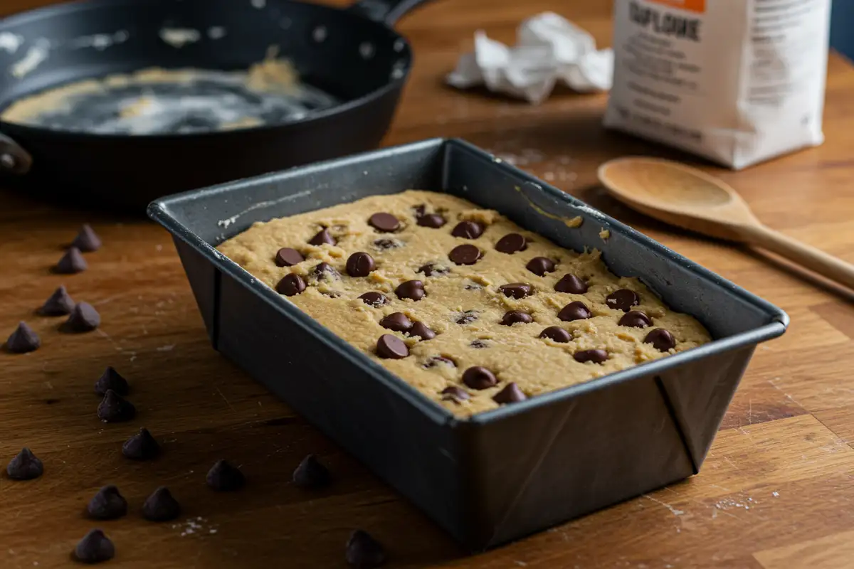 Raw footlong cookie dough studded with chocolate chips pressed into two loaf pans on counter.