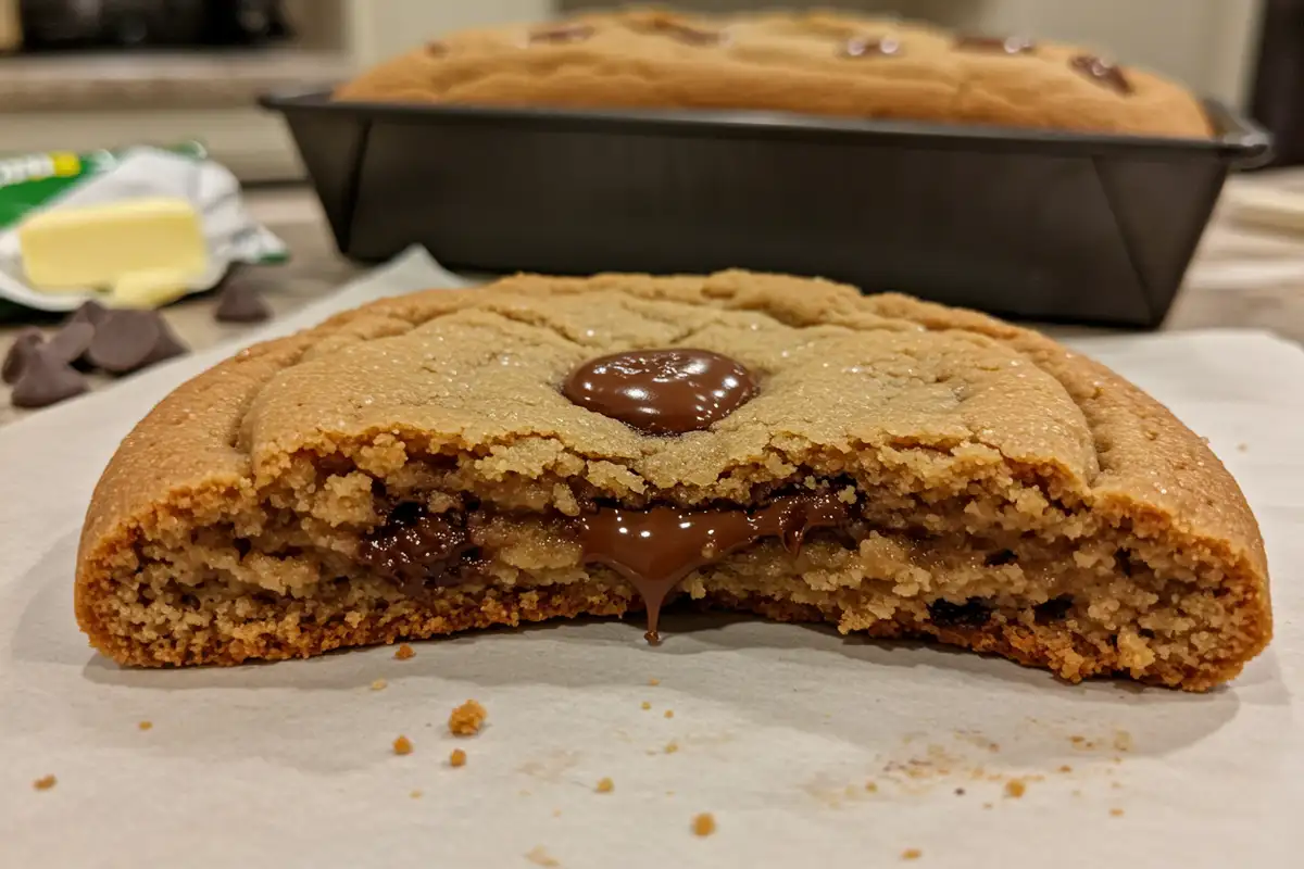 Extreme close-up: gooey footlong cookie section with melty chocolate chip, buttery edge.