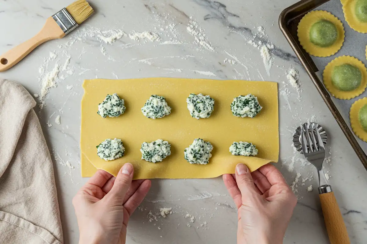 Close-up top-down view of Homemade Spinach Ricotta Ravioli assembling on a floured surface, showing filling mounds under pasta sheets being sealed with slight imperfections, with a natural, home-cooked feel.