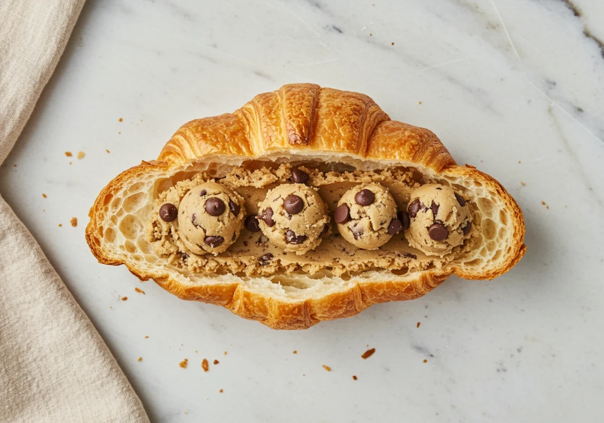 Top-down extreme close-up showing a sliced croissant being generously stuffed and topped with chocolate chip cookie dough studded with chocolate chips, ready for baking into a Crookie.