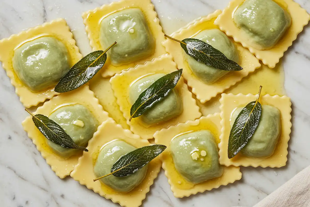 Flat-lay close-up of spinach ricotta ravioli tossed in glistening nutty golden brown butter sauce with naturally crisped fresh sage leaves, presented on a light marble background with a crumpled beige cloth in natural light.