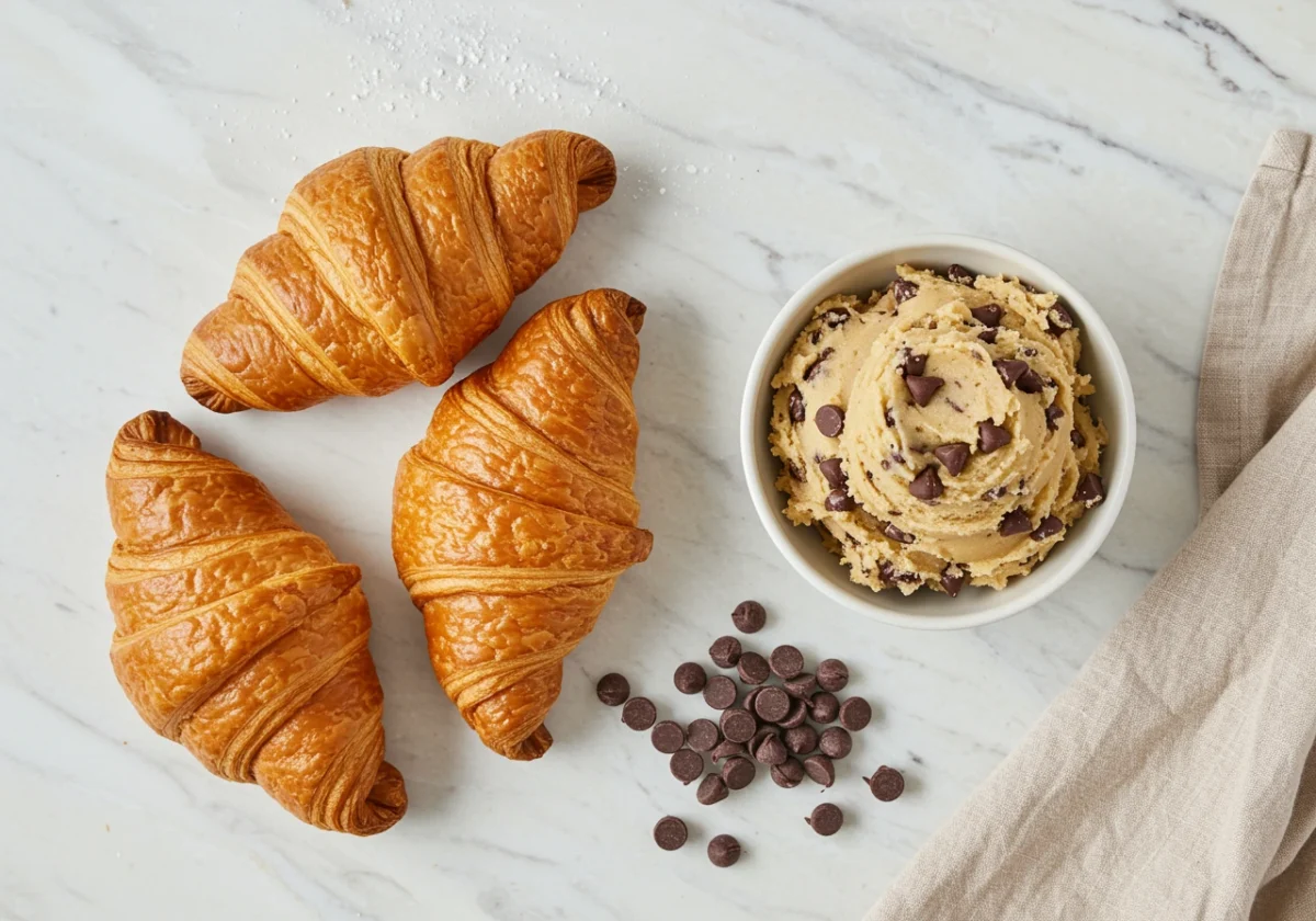 Overhead extreme close-up of Crookie ingredients: a flaky bakery croissant next to a scoop of chocolate chip crookie recipe dough and extra chips, ready for assembly on a light marble surface with beige cloth.
