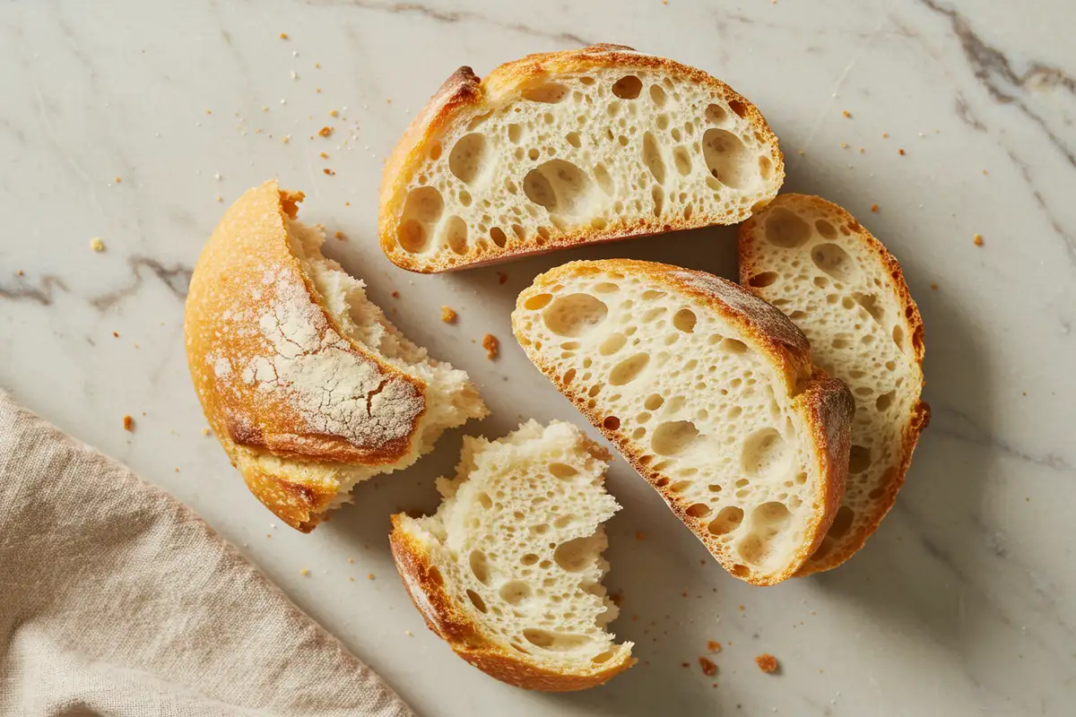 Flat-lay close-up of torn pieces of crusty Italian bread, highlighting the contrast between the golden-brown crust and soft interior crumb, presented on a light marble background with a crumpled beige cloth.