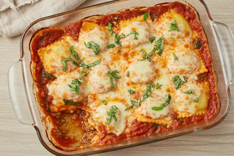 Close-up top-down view of the finished Baked Spinach Ravioli casserole in its 9x13 baking dish, showing bubbly sauce, golden melted cheese crust, garnished with fresh basil/parsley, looking natural and home-baked.