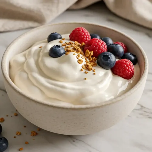Close-up top-down view of the finished Fluffy Yogurt in a simple bowl with subtle wear, showing its light airy texture, garnished with fresh berries and granola, looking natural and home-prepared on a marble surface.