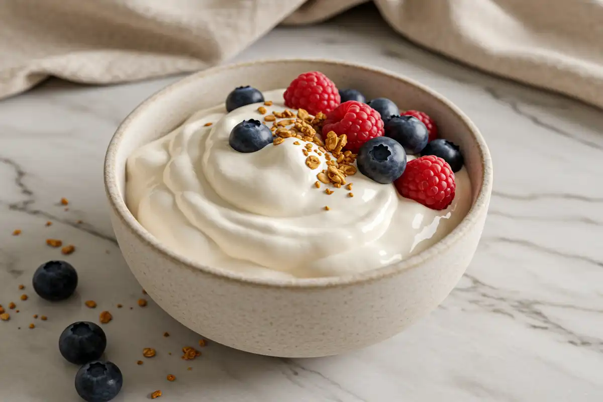 Close-up top-down view of the finished Fluffy Yogurt in a simple bowl with subtle wear, showing its light airy texture, garnished with fresh berries and granola, looking natural and home-prepared on a marble surface.