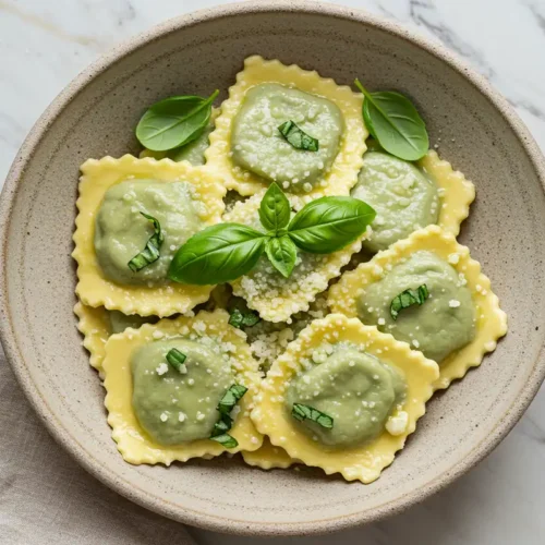 Close-up top-down view of the finished Homemade Spinach Ricotta Ravioli in a rustic stoneware bowl with subtle wear, garnished with grated Parmesan cheese and fresh basil, looking natural and home-prepared.