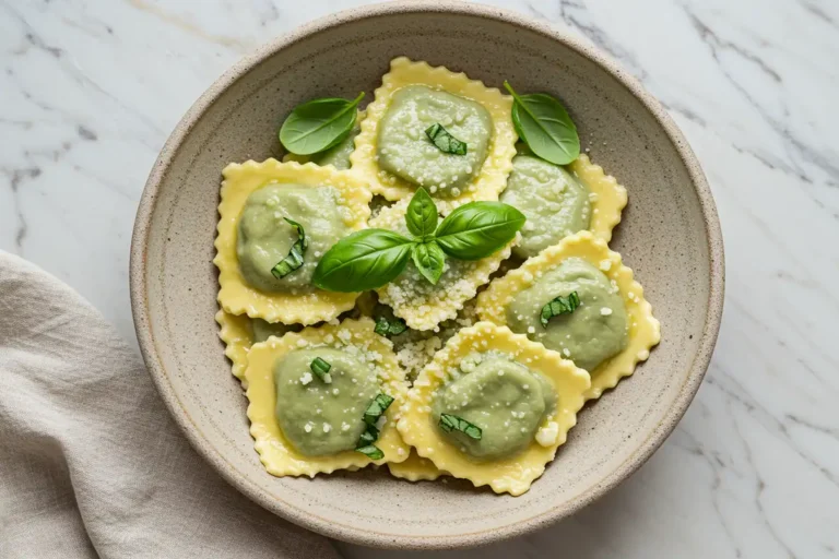 Close-up top-down view of the finished Homemade Spinach Ricotta Ravioli in a rustic stoneware bowl with subtle wear, garnished with grated Parmesan cheese and fresh basil, looking natural and home-prepared.