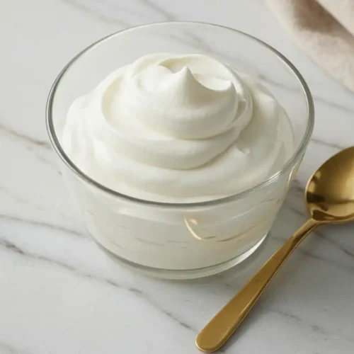 Close-up top-down view of the finished Whipped Greek Yogurt in a simple bowl with subtle wear, showing its light, airy, fluffy texture with soft peaks, looking natural and home-prepared on a marble surface.
