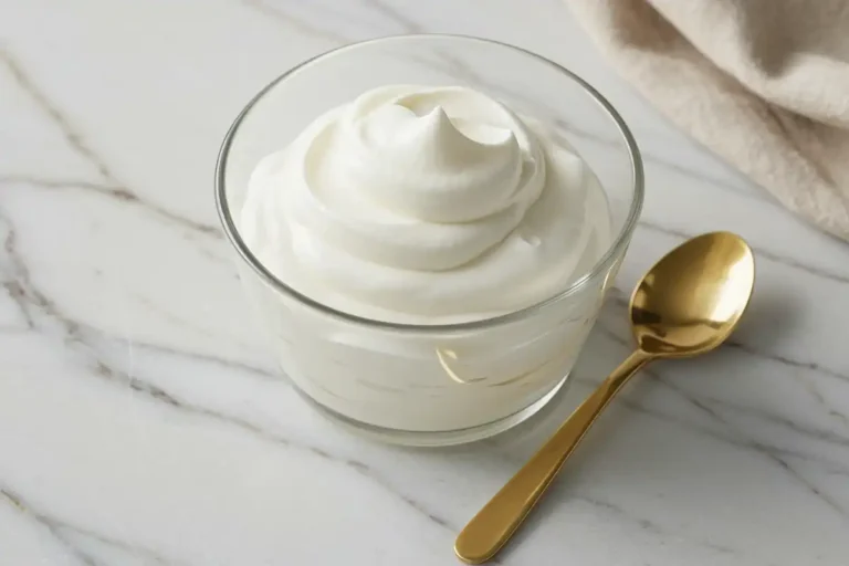 Close-up top-down view of the finished Whipped Greek Yogurt in a simple bowl with subtle wear, showing its light, airy, fluffy texture with soft peaks, looking natural and home-prepared on a marble surface.