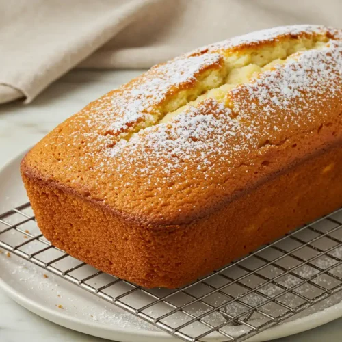 Close-up top-down view of a whole Moist Greek Yogurt Cake loaf on a plate/rack with subtle wear, featuring a golden-brown crust lightly dusted with powdered sugar, looking natural and home-prepared on a marble surface.