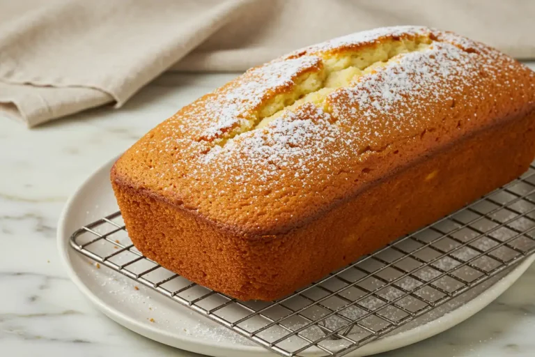 Close-up top-down view of a whole Moist Greek Yogurt Cake loaf on a plate/rack with subtle wear, featuring a golden-brown crust lightly dusted with powdered sugar, looking natural and home-prepared on a marble surface.