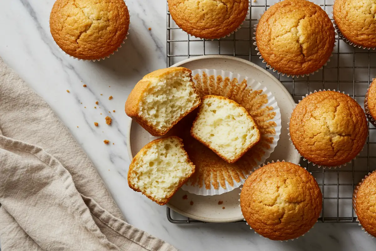 Close-up top-down view of finished golden-brown Greek Yogurt Muffins on a plate/rack with subtle wear, one broken open showing a visibly moist and tender crumb, looking natural and home-prepared on a marble surface.