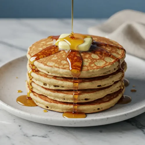 Close-up top-down view of a stack of fluffy, golden-brown Greek Yogurt Pancakes on a white plate with subtle wear, topped with melting butter and drizzled maple syrup, looking natural and home-prepared on a marble surface.